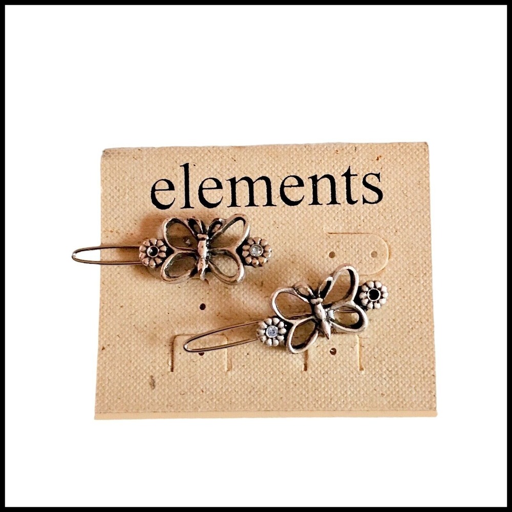 Vintage Elements  Butterfly Hair Clip Duo Barrette Silver Metal Rhinestone